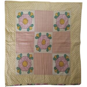 Vintage All Handsewn Floral Quilt  Applique Yellow Pink Lap Baby Blanket 40x38.5